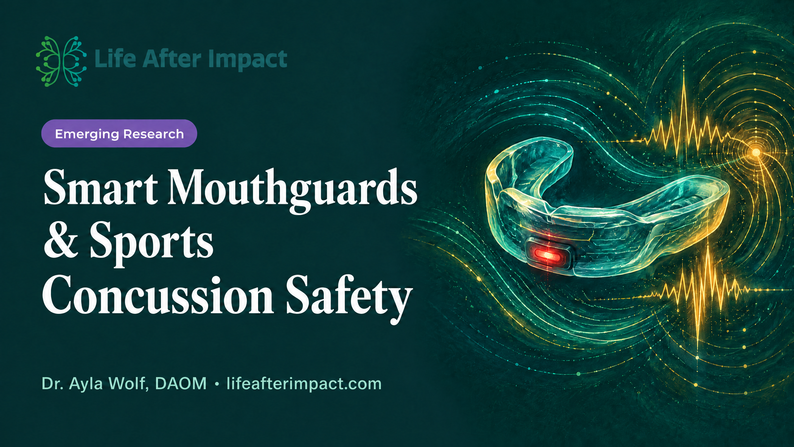 Instrumented smart mouthguard with a red alert light and teal-and-gold impact data waves